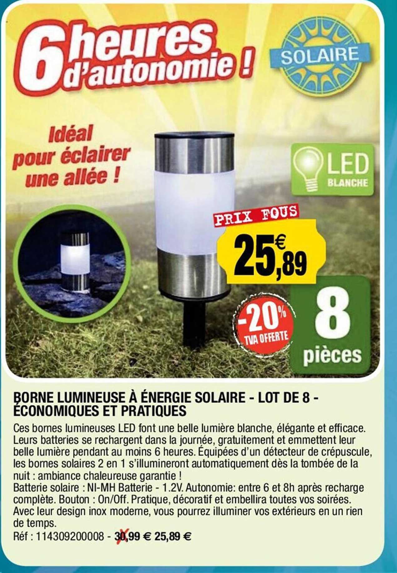borne lumineuse à énergie solaire - lot de 8 - économiques et pratiques