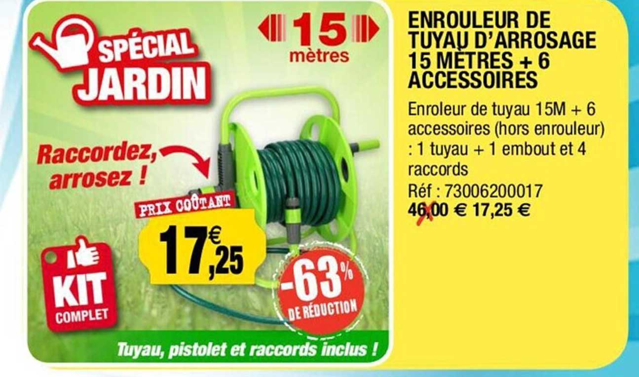 enrouleur de tuyau d'arrosage 15 mètres + 6 accessoires -63% de réduction