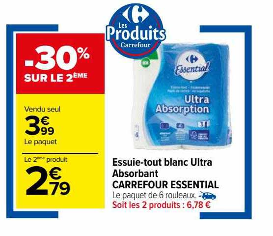 essuie-tout blanc ultra absorbant carrefour essential
