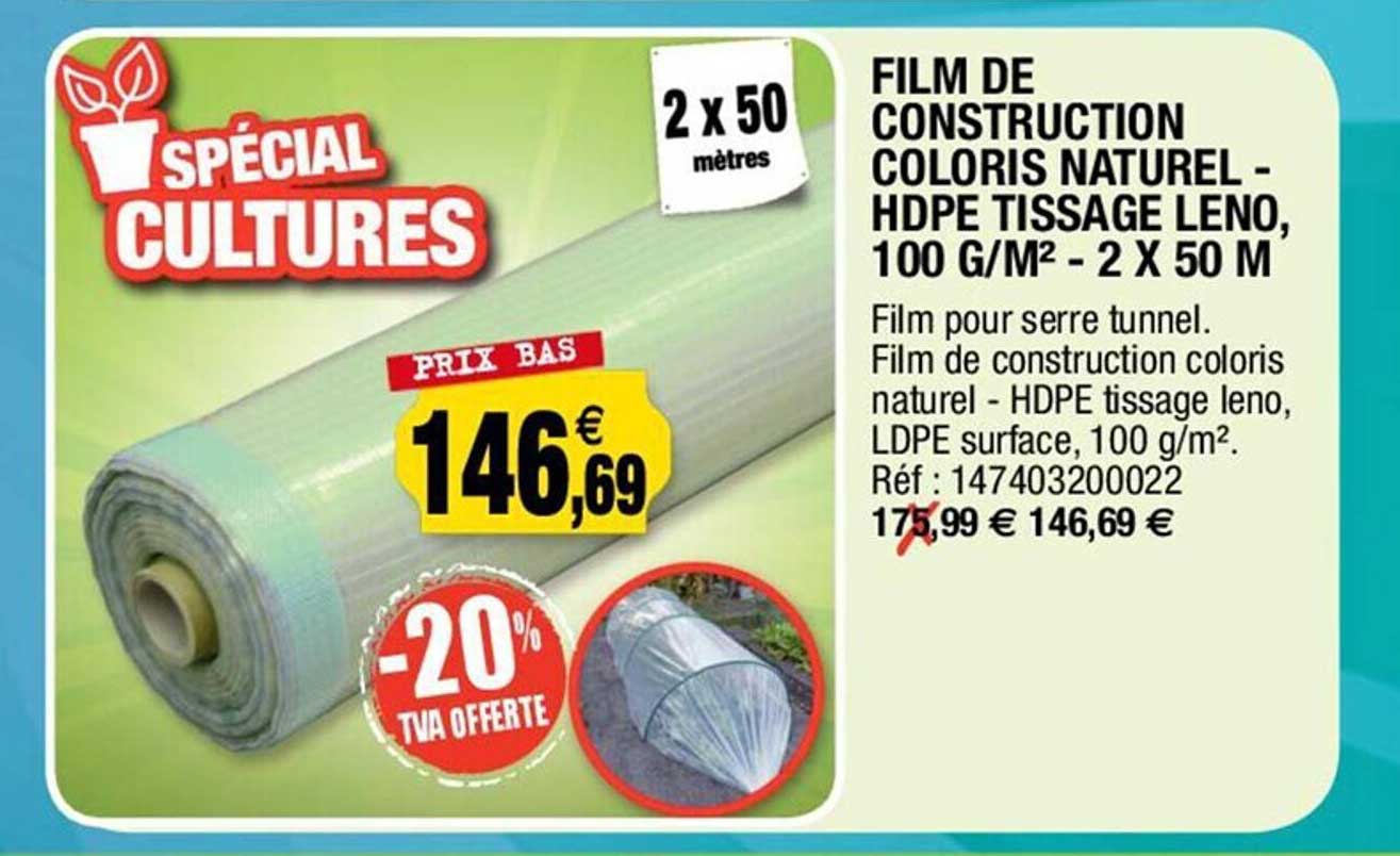 film de construction coloris naturel - hdpe tissage leno, 100 g-m² - 2 x 50 m