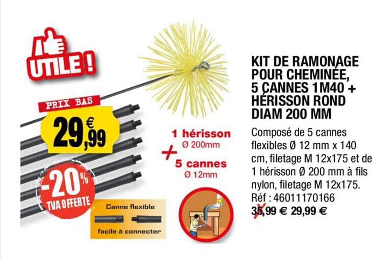 kit de ramonage pour cheminée, 5 cannes 1m40 + hérisson rond diam 200 mm