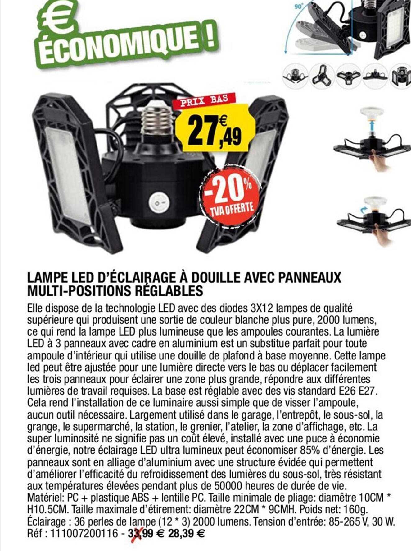 lampe led d'éclairage à douille avec panneaux multi-positions réglables