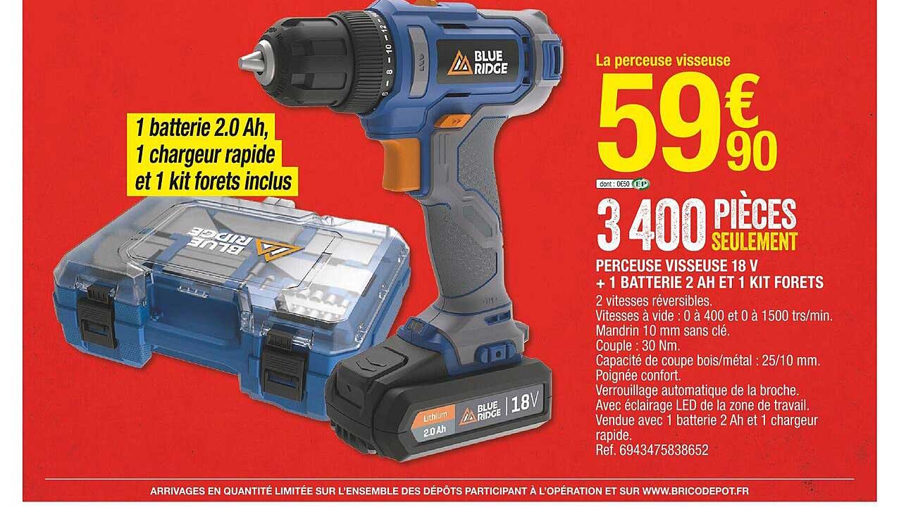 perceuse visseuse 18 v + 1 batterie 2 ah et 1 kit forets blue ridge