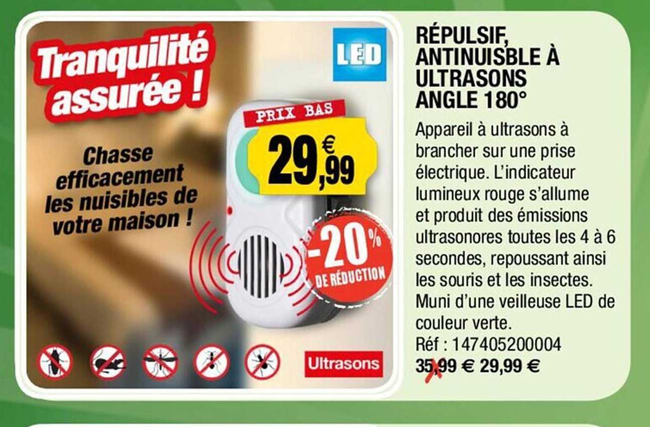 répulsif, antinuisible à ultrasons angle 180°
