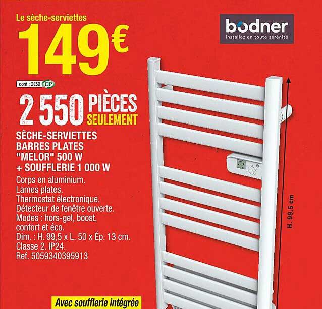 sèche-serviettes barres plates "melor" 500 w + soufflerie 1 000 w bodner