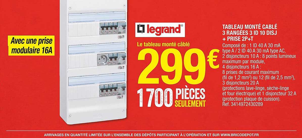tableau monté câblé 3 rangées 3 id 10 disj + prise 2p+t legrand
