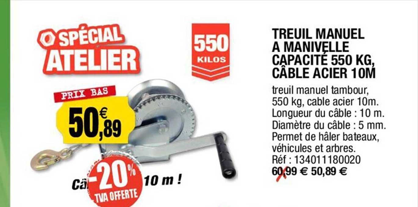 treuil manuel à manivelle capacité 550 kg, câble acier 10 m