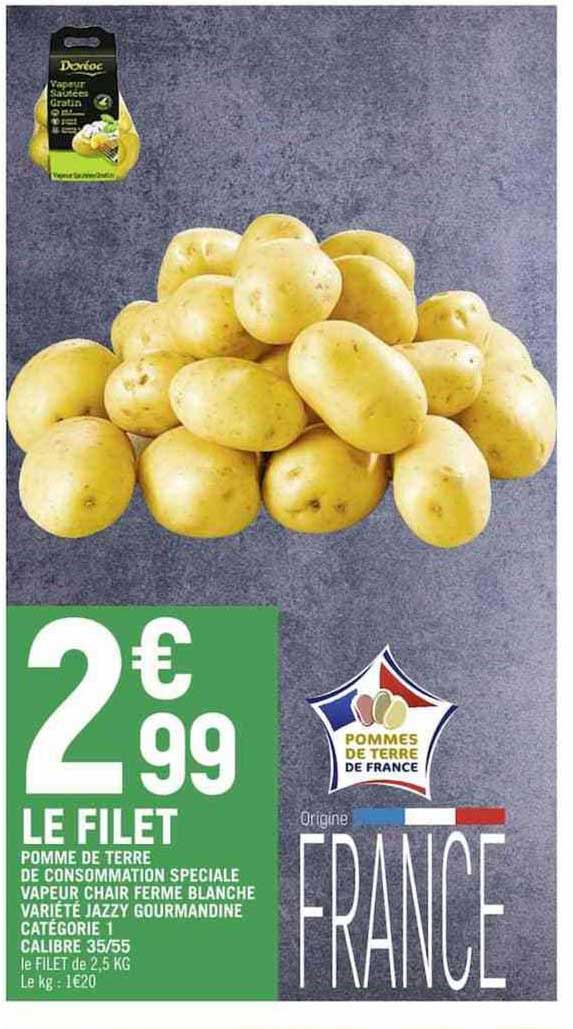 pomme de terre de consommation spéciale vapeur chair ferme blanche variété jazzy gourmandine catégorie 1 calibre 35/55