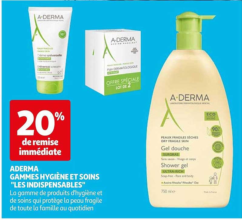 aderma gammes hygiène et soins "les indispensables"