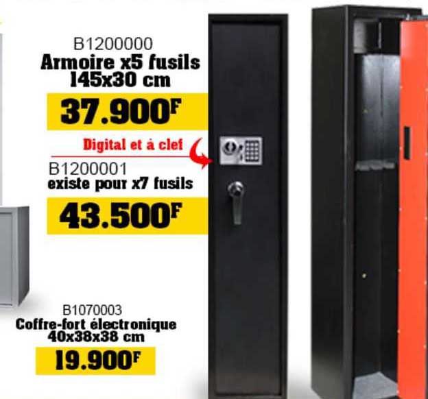 armoire x 5 fusils 145 x 30 cm existe pour x 7 fusils, coffre-fort électronique 40 x 38 x 38 cm