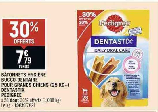 bâtonnets hygiène bucco-dentaire pour grands chiens (25 k+) dentastix pedigree