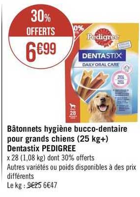 bâtonnets hygiène bucco-dentaire pour grands chiens (25 kg+) dentastix pedigree