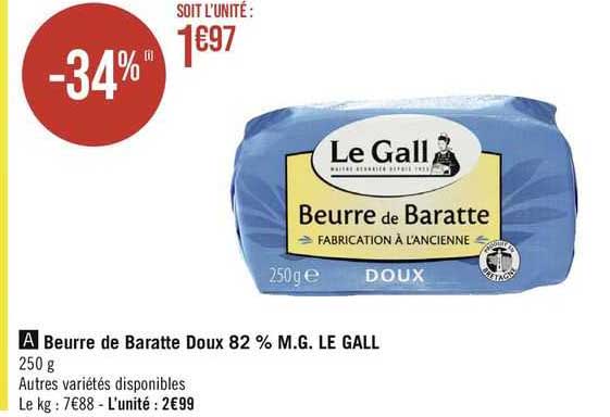 beurre de baratte doux 82% m.g. le gall