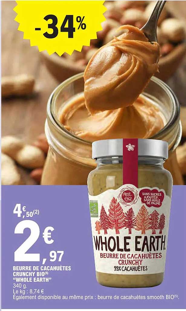 beurre de cacahuètes crunchy bio "whole earth"