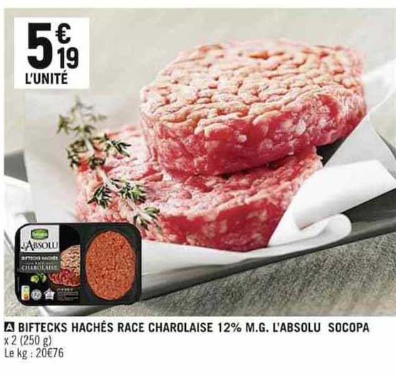 biftecks hachés race charolaise 12% m.g. l'absolu socopa