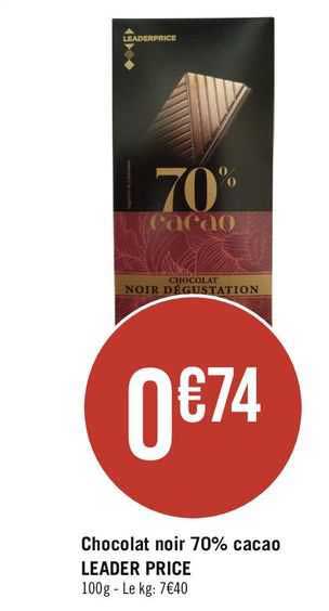 chocolat noir 70% cacao leader price