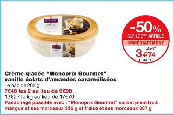 crème glacée "monoprix gourmet" vanille éclats d'amandes caramélisées