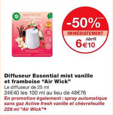diffuseur essential mist vanille et framboise "air wick"