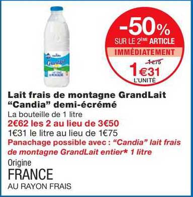 lait frais de montagne grand lait "candia" demi-écrémé