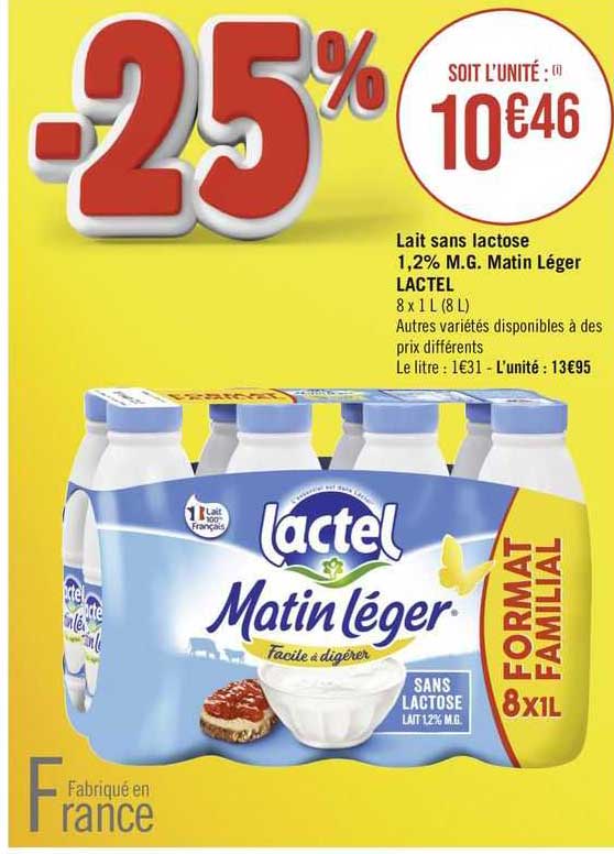 lait sans lactose 1,2% m.g. matin léger lactel