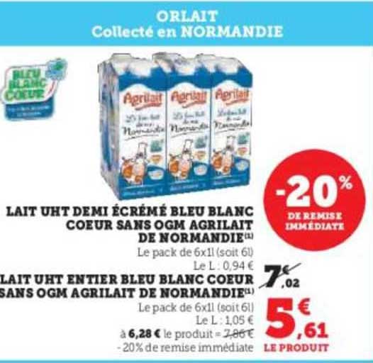 lait uht demi écrémé bleu blanc cœur sans ogm agrilait de normandie, lait uht entier bleu blanc cœur sans ogm agrilait de normandie