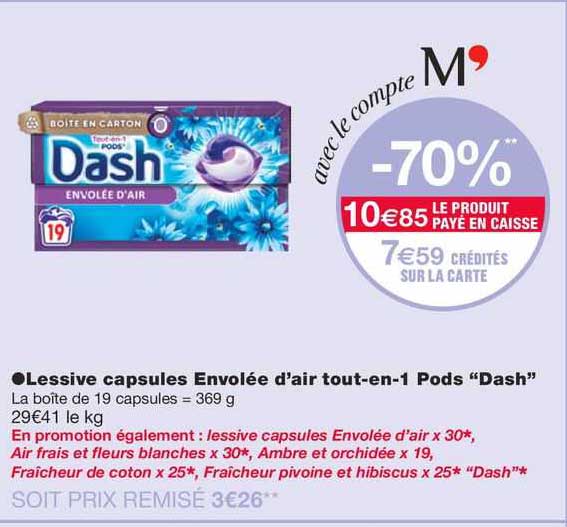 lessive capsules envolée d'air tout-en-1 pods "dash"