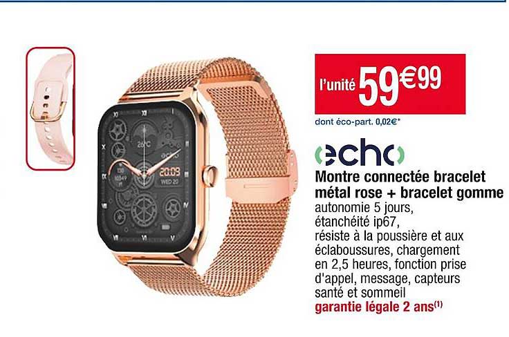 montre connectée bracelet métal rose + bracelet gomme echo