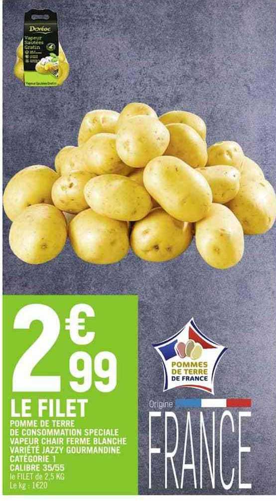 pomme de terre de consommation spéciale vapeur chair ferme blanche variété jazzy gourmandine catégorie 1 calibre 35/55