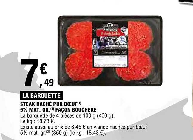 steak haché pur boeuf 5% mat mat. gr. façon bouchère
