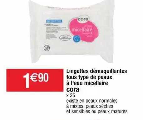 lingettes démaquillantes tous type de peaux à l'eau micellaire cora