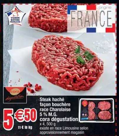 steak haché façon bouchère race charolaise 5% m.g. cora dégustation