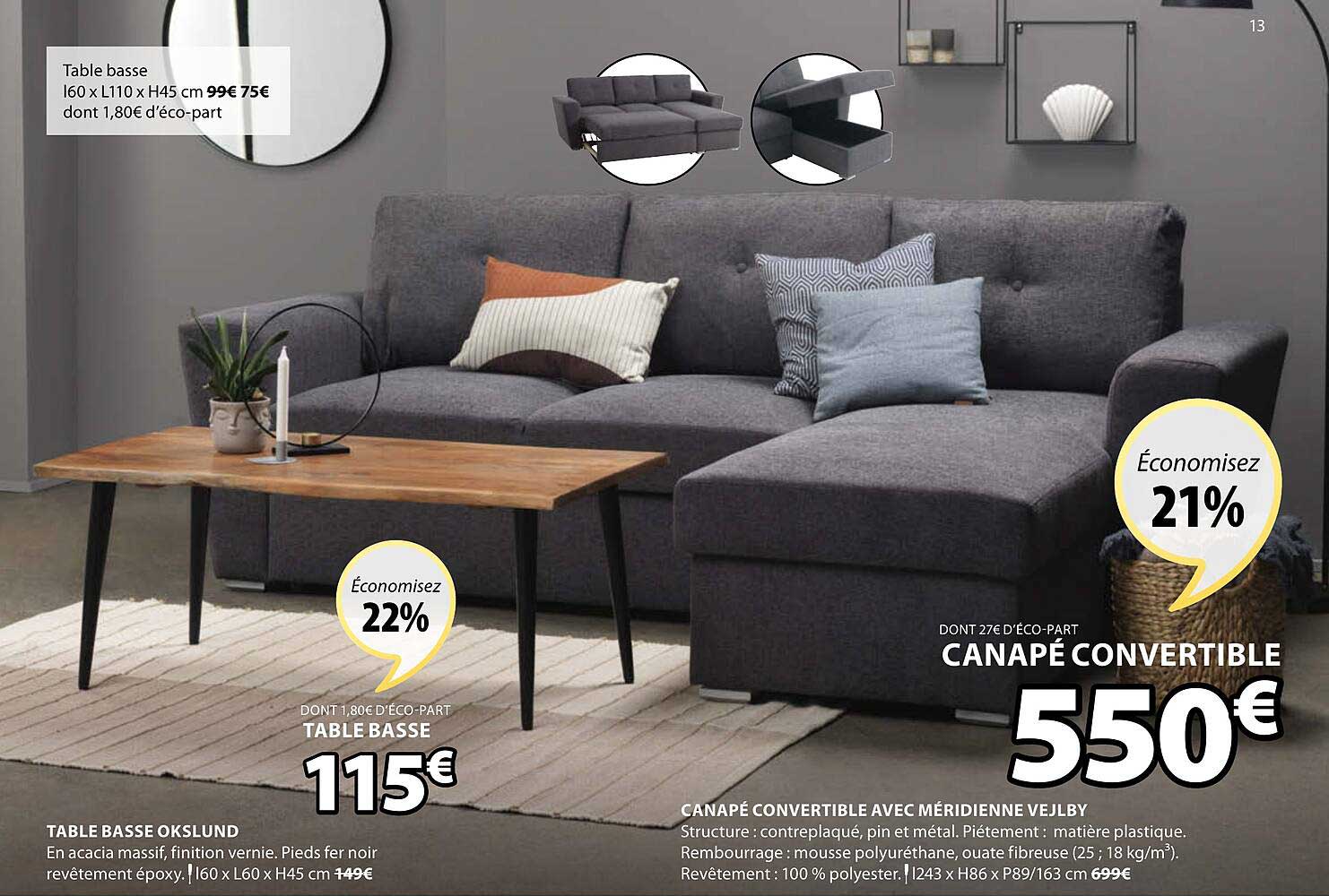 Table Basse Okslund, Canapé Convertible Avec Méridienne Vejlby