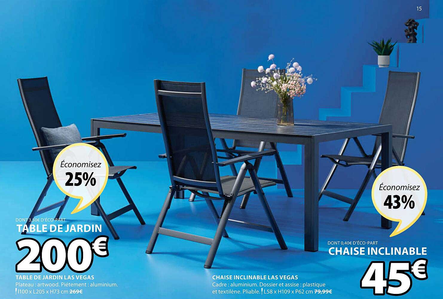 table de jardin las vegas, chaise inclinable vegas