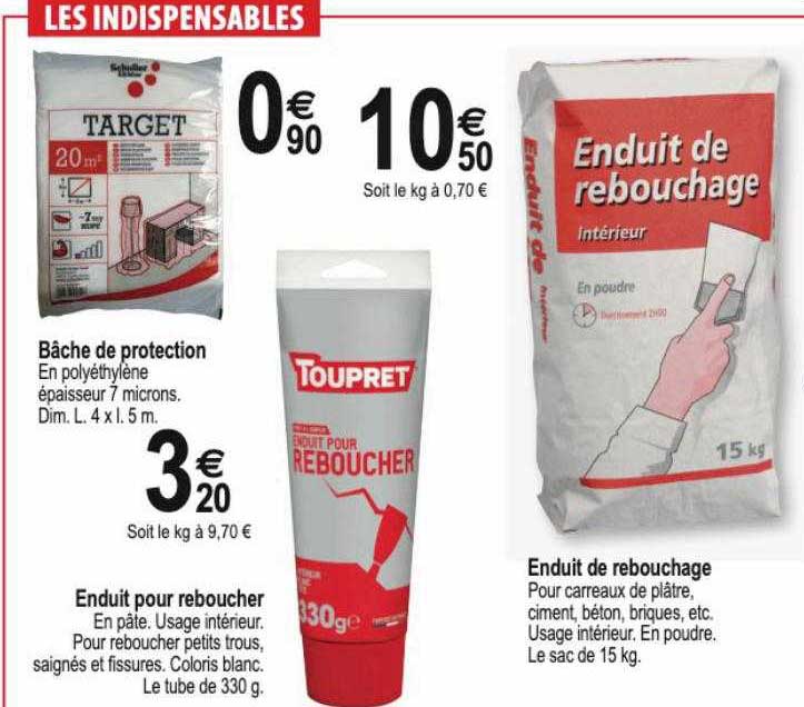 bâche de protection target, enduit pour reboucher toupret, enduit de rebouchage