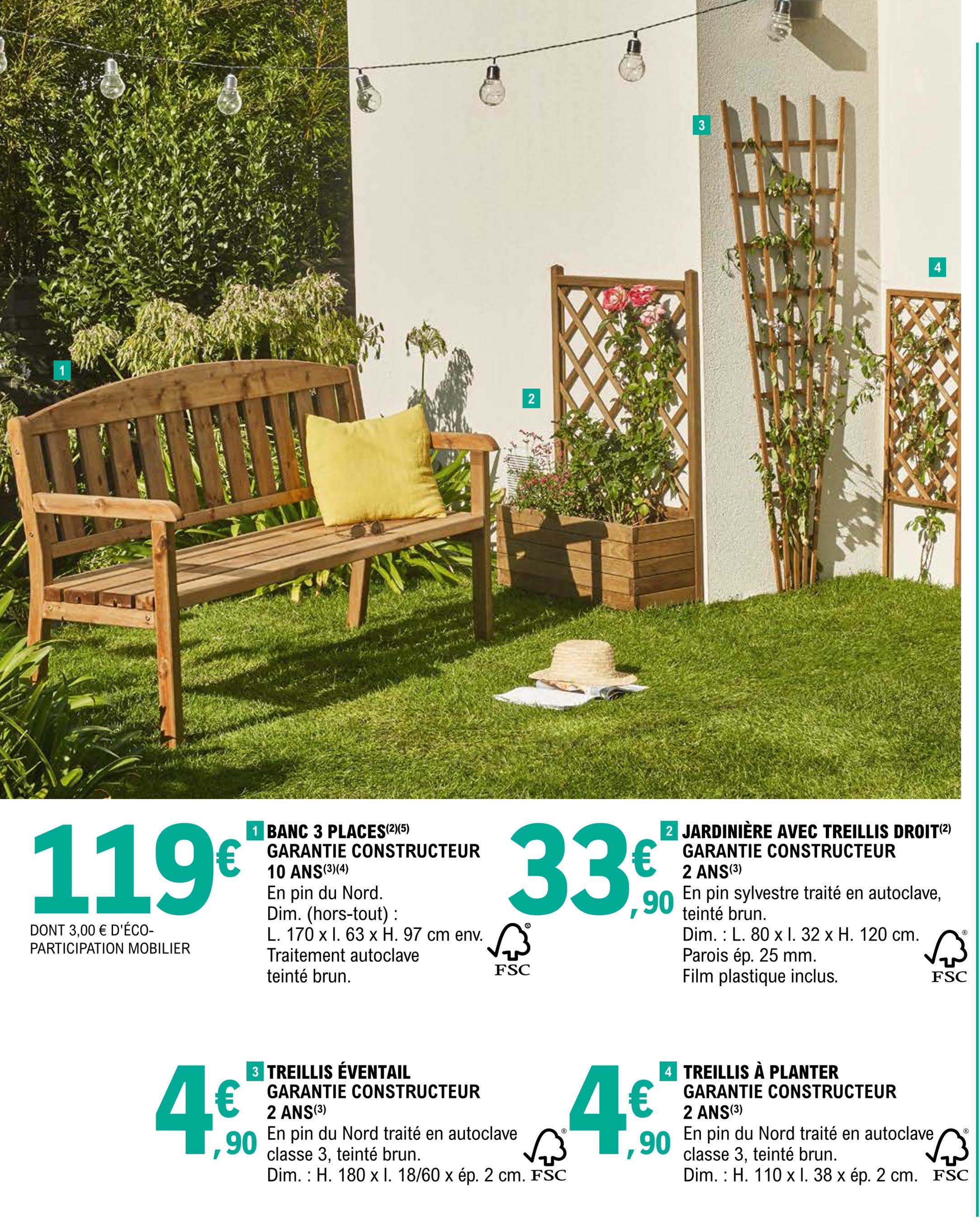 banc 3 places, treillis éventail, jardinière avec treillis droit, treillis à planter
