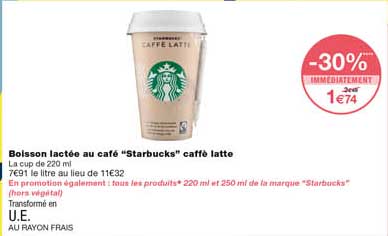 boisson lactée au café "starbucks" caffé latte