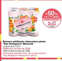 boisson pétillante ciémentine pêche "san pellegrino" momenti -50% sur le 2eme article immédiatement