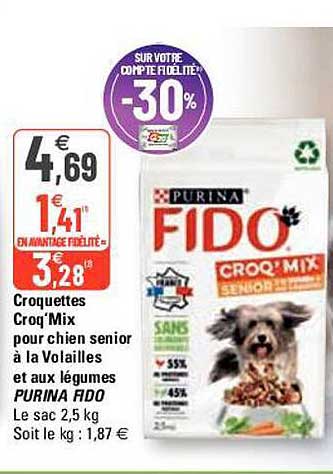 croquettes croq'mix pour chien senior à la volailles et aux légumes purina fido