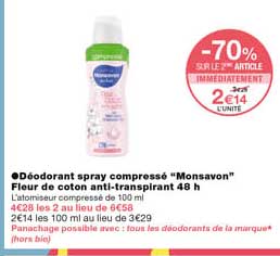 déodorant spray compressé "monsavon" fleur de coton anti-transpirant 18 h