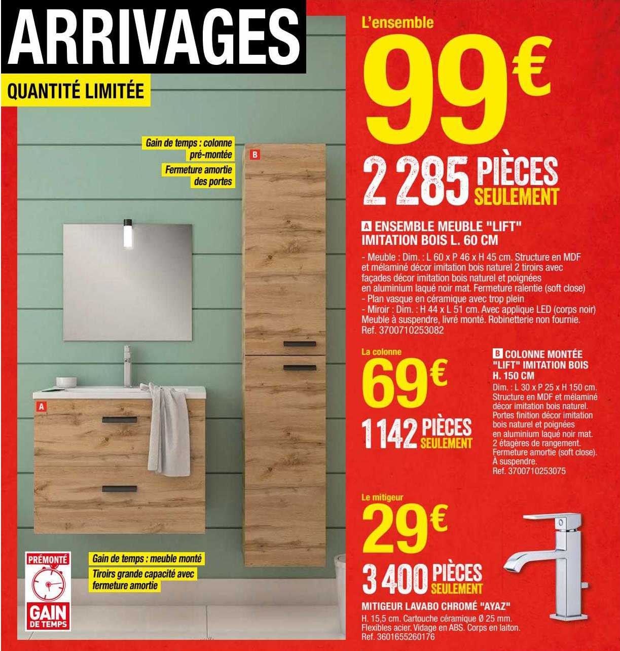 ensemble meuble "lift" imitation bois l. 60 cm, colonne montée "lift" imitation bois h. 150 cm, mitigeur lavabo chromé "ayaz"