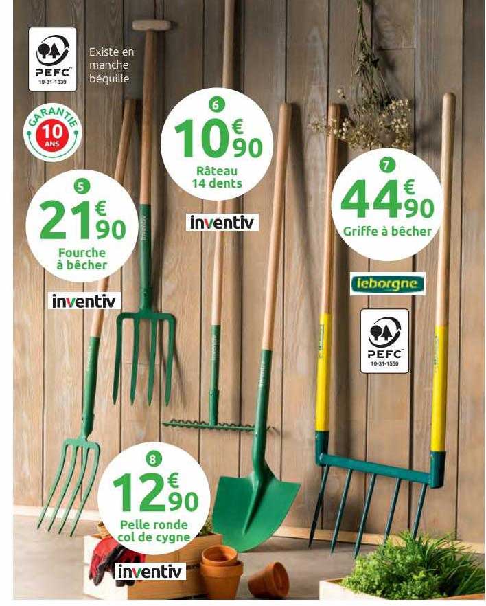 fourche à bêcher, râteau 14 dents inventiv, griffe à bêcher, pelle ronde col de cygne