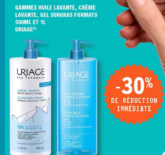 gammes huile lavante, crème lavante, gel surgras formats 500ml et 1l uriage