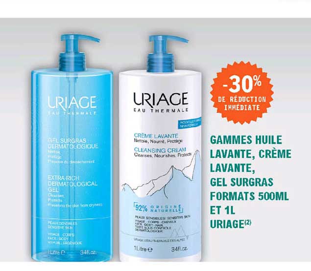 gammes huile lavante, crème lavante, gel surgras formats 500ml et 1l uriage