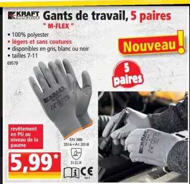 gants de travail, 5 paires "m-flex" kraft werkzeuge
