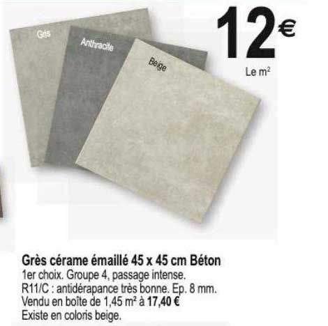 grès cérame émaillé 45 x 45 cm béton