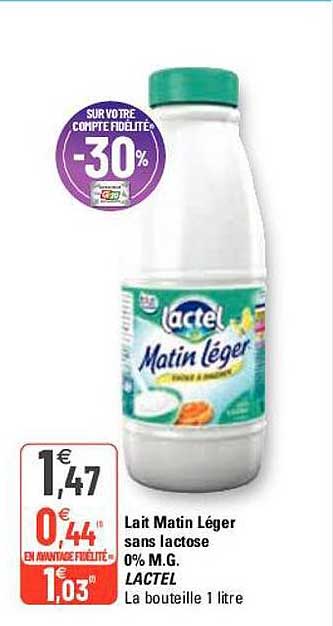 lait matin léger sans lactose 0% m.g. lactel