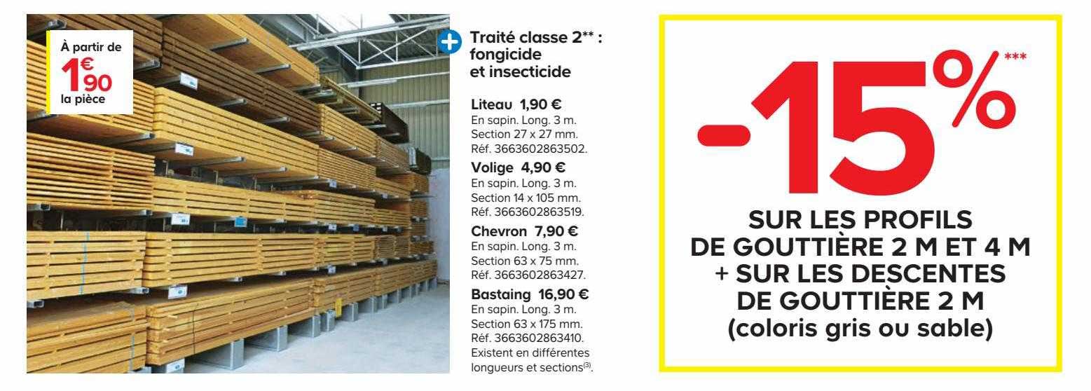 liteau, volige, chevron, bastaing, les profils de gouttière 2 m et 4 m + descentes de gouttière 2 m