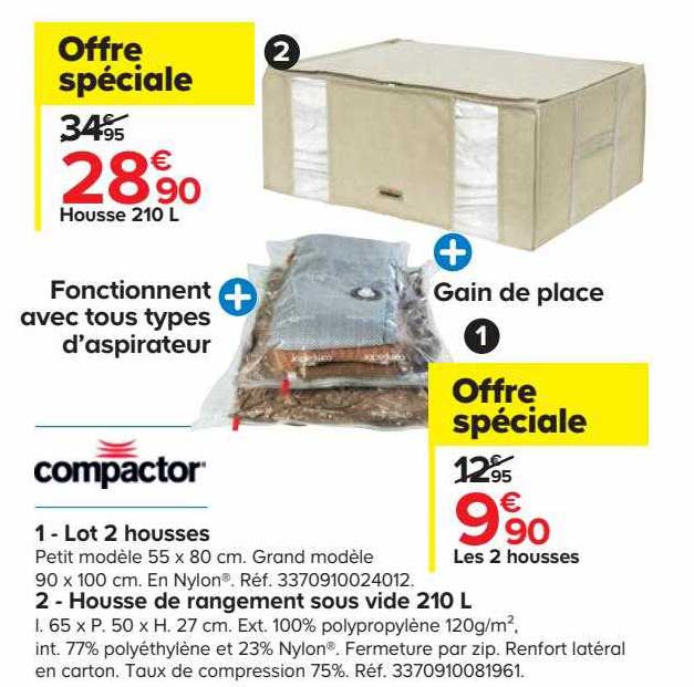 lot 2 housses, housse de rangement sous vide 210 l compactor