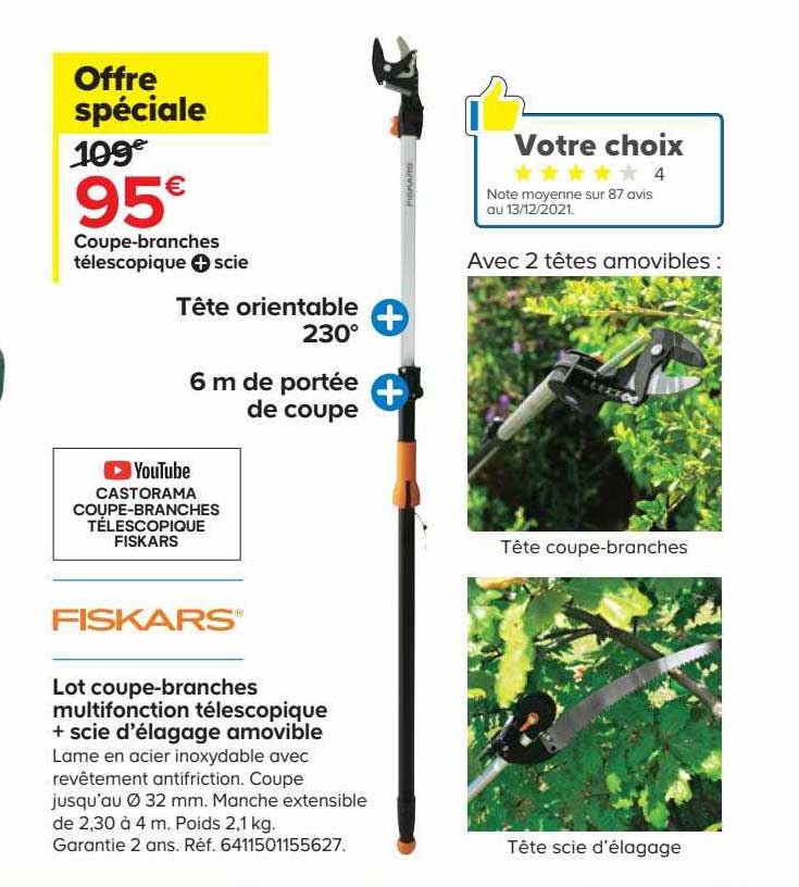 lot coupe-branches multifonction télescopique + scie l'élagage amovible fiskars