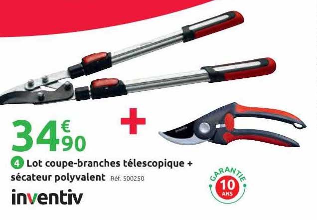 lot coupe-branches télescopique + sécateur polyvalent inventiv